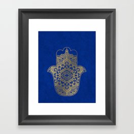 golden hamsa fatma hand and mandala on classic blue Framed Art Print