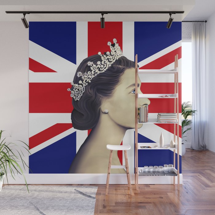 Queen Elizabeth II Profile with British Flag Wall Mural