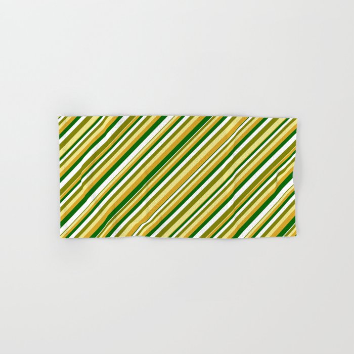 Vibrant Green, Tan, Goldenrod, Dark Green & White Colored Pattern of Stripes Hand & Bath Towel
