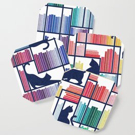 Rainbow bookshelf // white background navy blue shelf and library cats Coaster