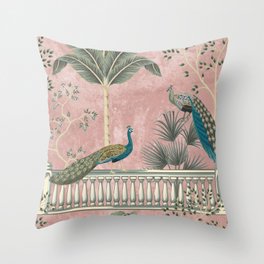 Chinoiserie Blush Pink Peacock Palm Fresco Garden  Throw Pillow