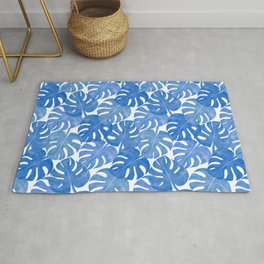 Tropical Monstera Deliciosa Plant Leaves, Modern Abstract Hand-painted Watercolor Botanical Leaf Pattern in Royal, Cobalt, Ink, Indigo Blue Color Rug