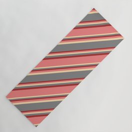 [ Thumbnail: Light Coral, Tan, Gray & Brown Colored Striped Pattern Yoga Mat ]