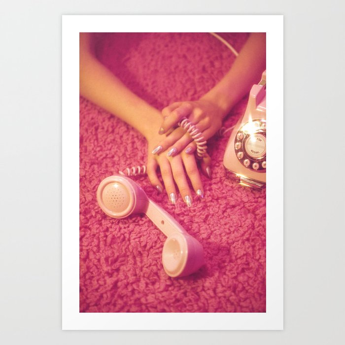 Hands with phone on pink carpet Art Print