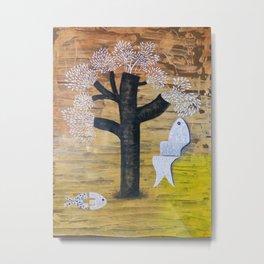 Tree of Life Metal Print | White, Animal, Yellow, Figurativeart, Painting, Mixed Media, Mexicanart, Fish, Brown, Tree 