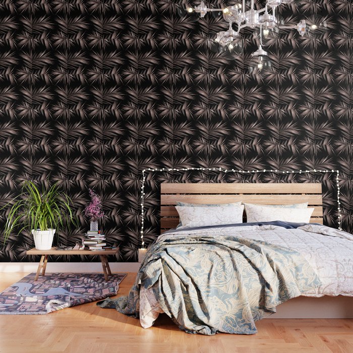 Rosegold Palm Tree Leaves on Midnight Black Wallpaper