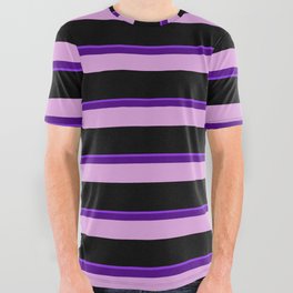 [ Thumbnail: Purple, Indigo, Plum, and Black Colored Lined Pattern All Over Graphic Tee ]