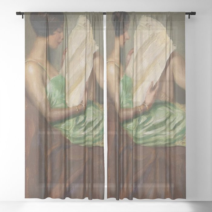 The Morning News, Jazz Age female portrait painting by Hans Hassenteufel Sheer Curtain
