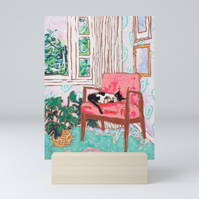 Little Naps - Tuxedo Cat Napping in a Pink Mid-Century Chair by the Window Mini Art Print