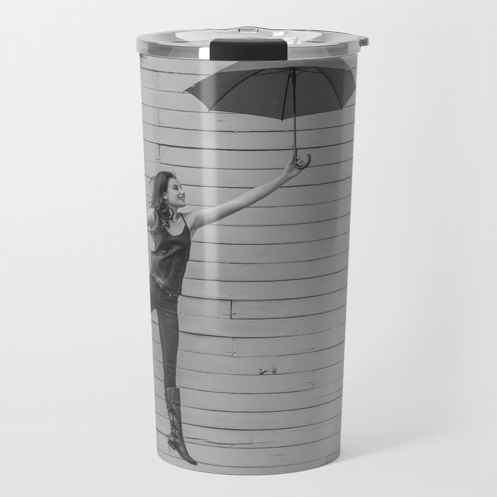 On the way to the break of day; woman flying with umbrella confidence inspirational female black and white photograph - photography - photographs Travel Mug