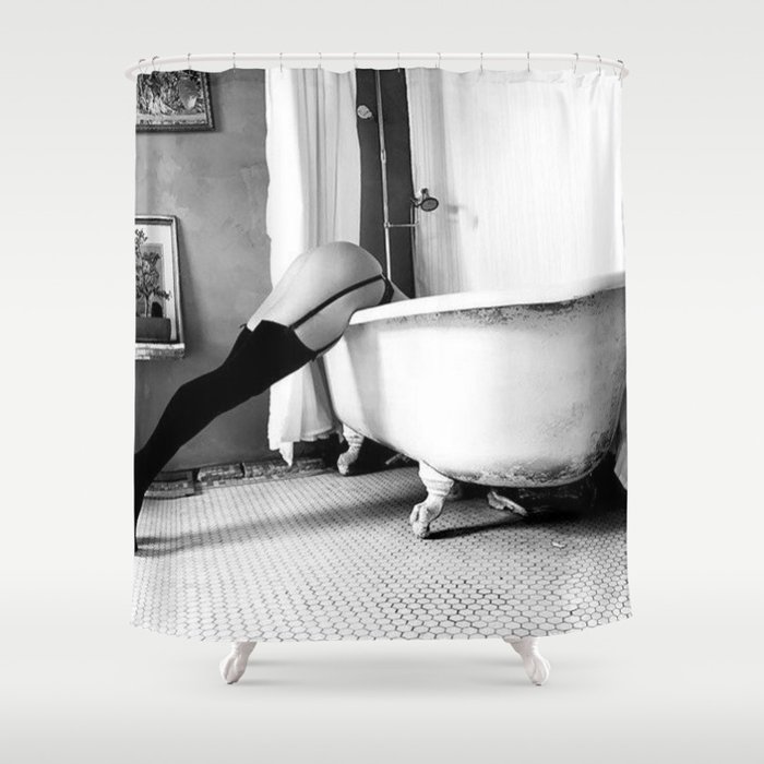 Head Over Heals - Female in Stockings in Vintage Parisian Bathtub black and white photography - photographs wall decor Shower Curtain