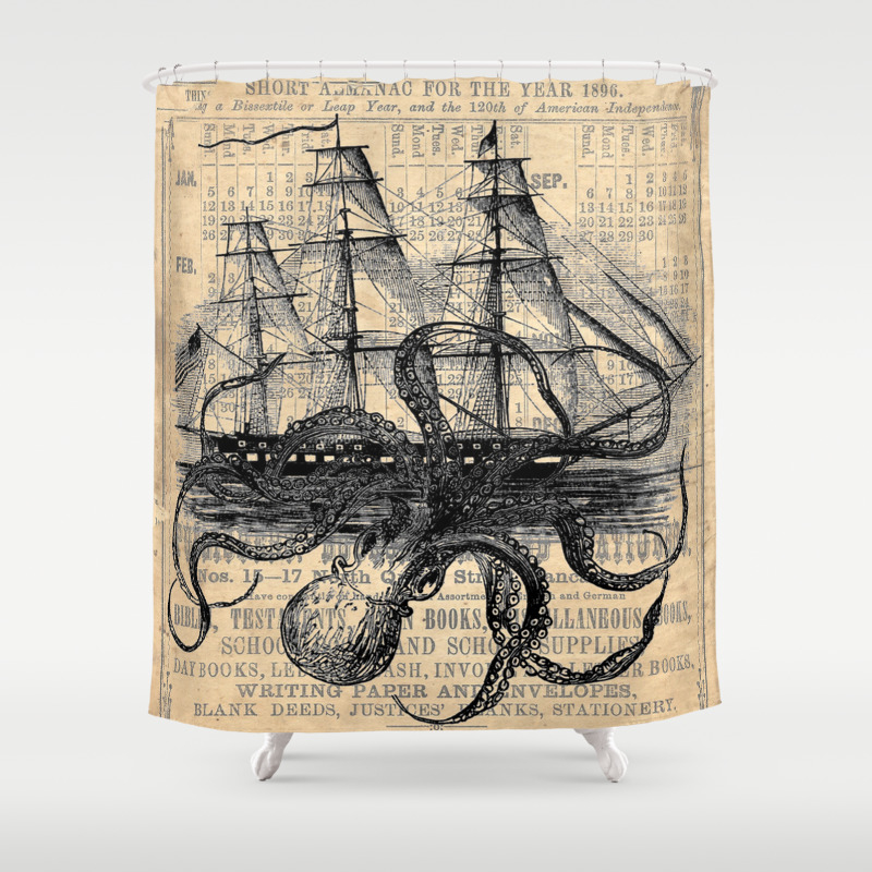 Octopus Kraken Attack Galleon Carrack Retro Design Custom Shower Curtain 12 Hook 