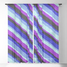 [ Thumbnail: Colorful Blue, Cornflower Blue, Turquoise, Dark Violet, and Black Colored Pattern of Stripes Sheer Curtain ]