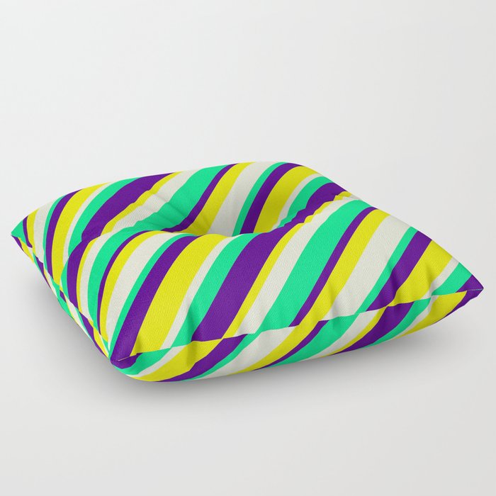 Indigo, Yellow, Beige & Green Colored Pattern of Stripes Floor Pillow