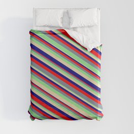 [ Thumbnail: Tan, Blue, Red, Light Slate Gray, and Light Green Colored Stripes/Lines Pattern Duvet Cover ]