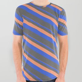 [ Thumbnail: Light Salmon, Royal Blue & Dim Gray Colored Pattern of Stripes All Over Graphic Tee ]