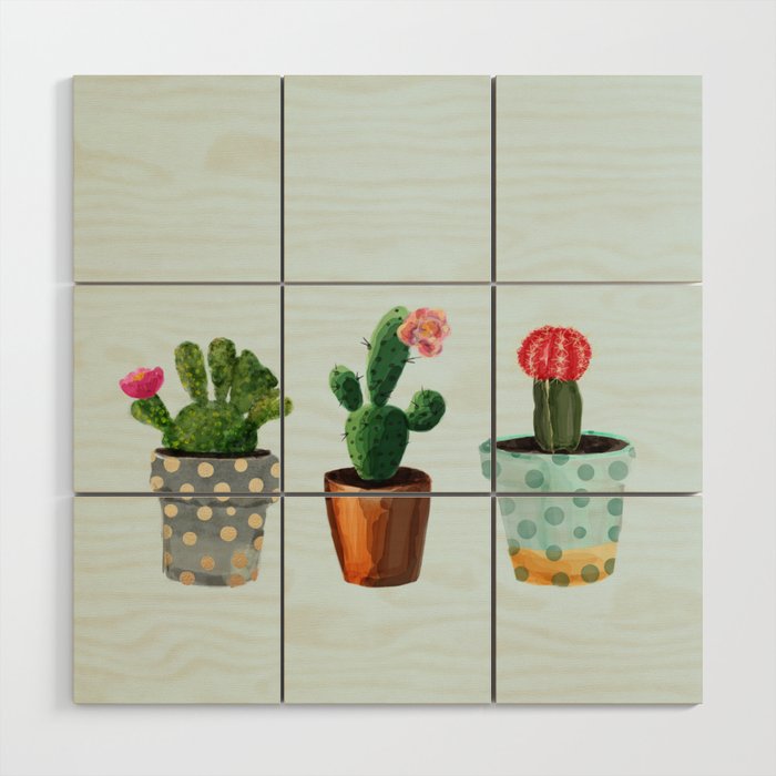 Three Cacti With Flowers On Light Blue Background Wood Wall Art