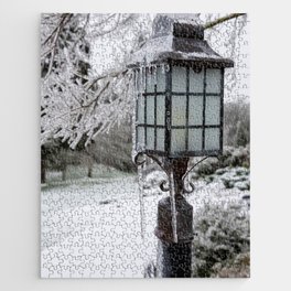 Winter Welcome Rustic Lamppost and Landscape with Snow and Ice Jigsaw Puzzle