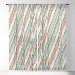 [ Thumbnail: Red, Beige, Green, and Sky Blue Colored Stripes Pattern Sheer Curtain ]