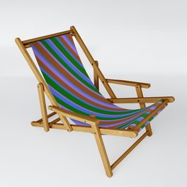 [ Thumbnail: Purple, Brown, Royal Blue & Dark Green Colored Stripes Pattern Sling Chair ]