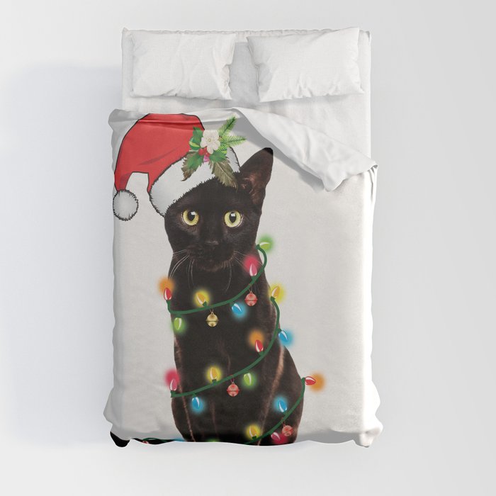 Santa Black Cat Tangled Up In Lights Christmas Santa Graphic Duvet Cover