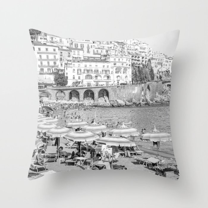 Amalfi Coast Beach Photo | Black And White Travel Photography Art Print | Summer In Italy Throw Pillow
