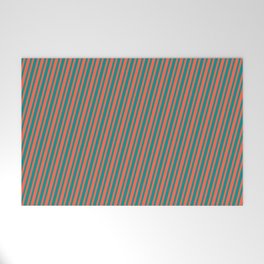 [ Thumbnail: Dark Cyan & Red Colored Striped Pattern Welcome Mat ]