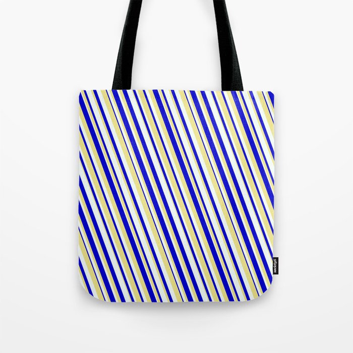 Blue, Tan & Mint Cream Colored Lined Pattern Tote Bag