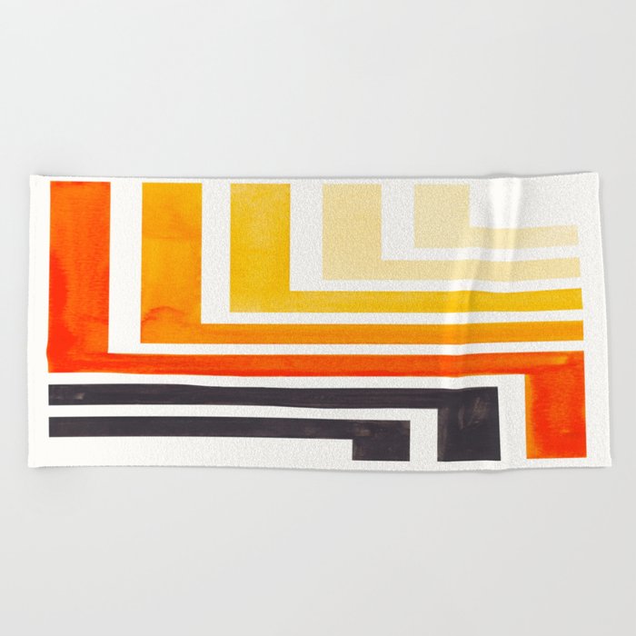 Orange Mid Century Modern Watercolor Colorful Ancient Aztec Art Pattern Minimalist Geometric Pattern Beach Towel