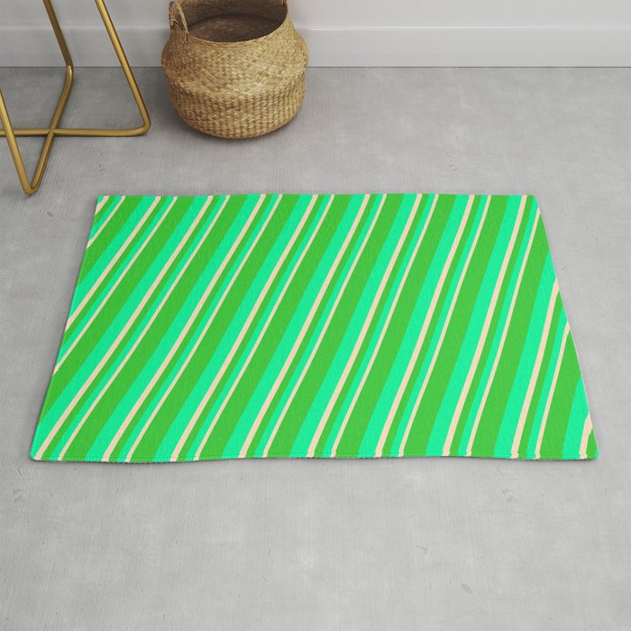 Lime Green, Green & Bisque Colored Stripes Pattern Rug