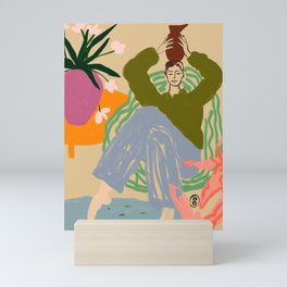 WOMAN WITH VESSEL Mini Art Print | Sandrapoliakov, Home, Girl, Sketchy, Illustration, Vase, Feminist, Flowers, Pastel, Calm 