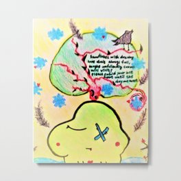 Fortune poem from heaven Metal Print | Crow, Tree, Animal, Snowflake, Handpainted, Colored Pencil, Feather, Nature, Retro, Frog 