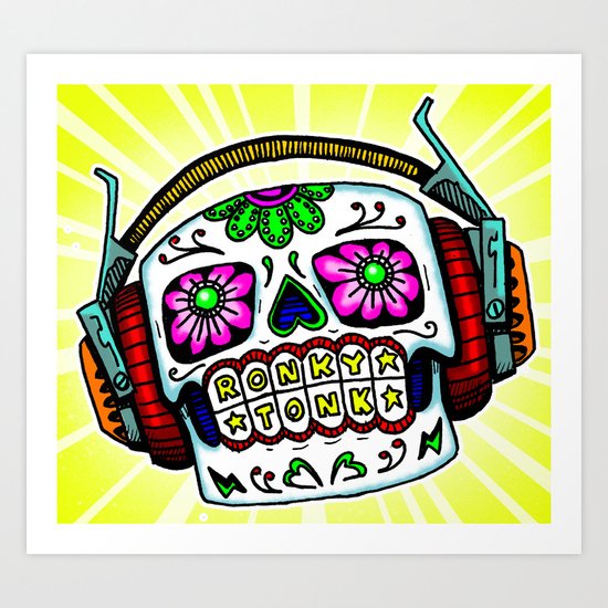 Sugar Skull with Headphones Zombie by RonkyTonk Art Print