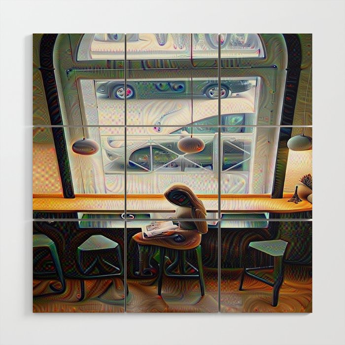 Waiting alone in the cafeteria watching the cars go by  Wood Wall Art