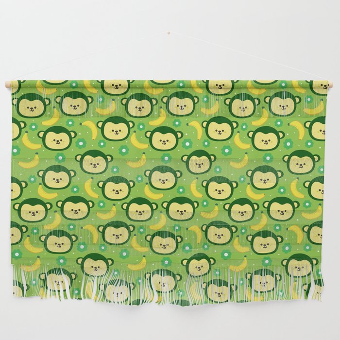 Monkey loves Banana - Green Pattern Wall Hanging