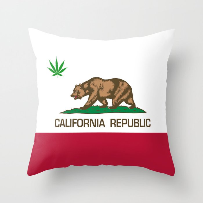 California Republic state flag with green Cannabis leaf Throw Pillow