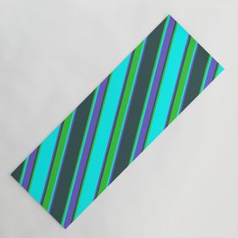 [ Thumbnail: Cyan, Slate Blue, Dark Slate Gray & Lime Green Colored Stripes Pattern Yoga Mat ]