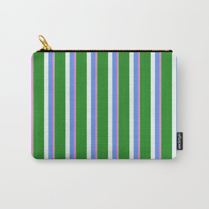 Eyecatching Green, Violet, Cornflower Blue, Mint Cream & Forest Green Colored Pattern of Stripes Carry-All Pouch