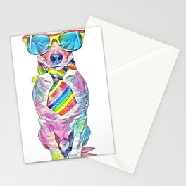 crazy funny gay dog proud of human rights ,sitting and waiting, with rainbow flag tie  and sunglasse Stationery Card