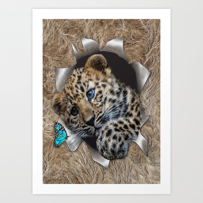 Baby Leopard & Blue Butterfly Art Print