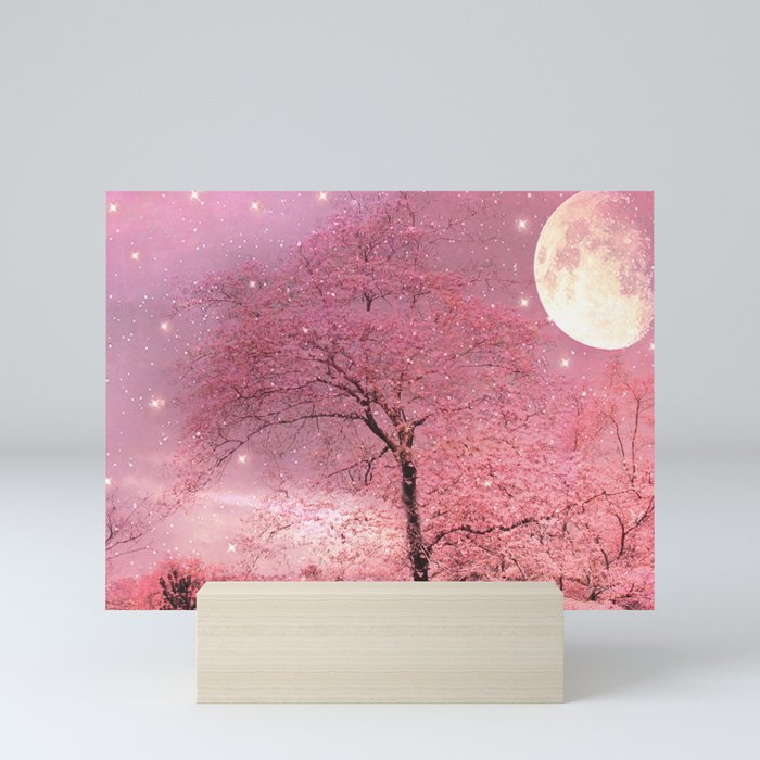 Surreal Fantasy Fairy Tale Pink Nature Trees Stars Full Moon Mini Art Print By Kathyfornal