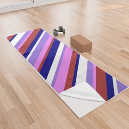 [ Thumbnail: Colorful Blue, Brown, Violet, Purple & White Colored Striped Pattern Yoga Towel ]