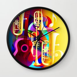 Colorful music instruments with guitar, trumpet, musical notes, bass clef and abstract decor Wall Clock