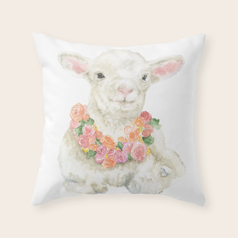 Baby Lamb Floral Watercolor Farm Animal Throw Pillow By