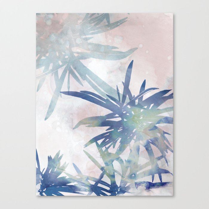 Navy Blue And Blush Pink Palm Leaf Watercolor Painting Canvas