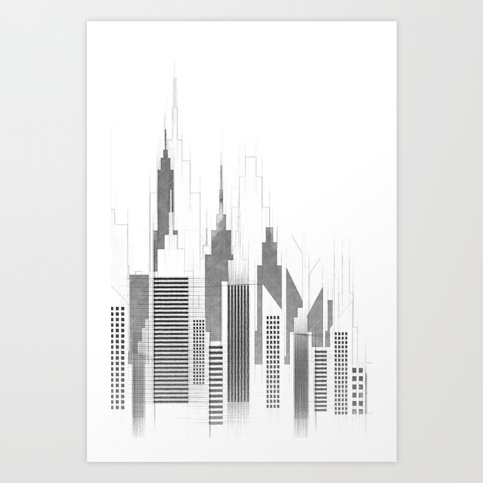 Modern City Buildings And Skyscrapers Sketch, New York Skyline, Wall Art Poster Decor, New York City Art Print