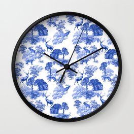 Elegant Blue Deer in Woodland Toile Pattern Wall Clock