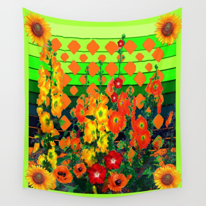 Modern Chartreuse -Orange Flowers Garden Pattern Design Wall Tapestry