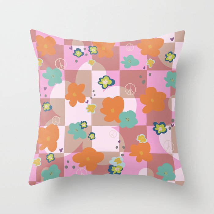 70's floral peace hearts Throw Pillow