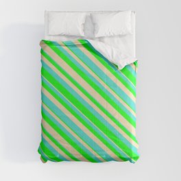 [ Thumbnail: Turquoise, Lime & Tan Colored Lined Pattern Comforter ]